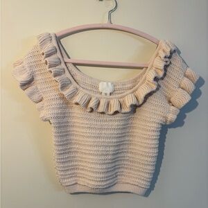 H&M Cream-colored Knit Sweater Top with a Ruffled Scoop Neck Size M